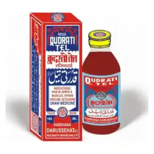 Qudrati Tel box and bottle – Unani pain relief oil by Karkhana Darussehat